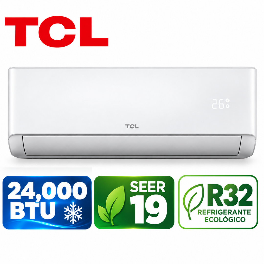 Aire Acondicionado Split TCL Inverter de 24,000 BTU, SEER 19, Gas Refrigerante R32, Alta Eficiencia Energética y Enfriamiento Potente TAC-24CSDI/SZGO
