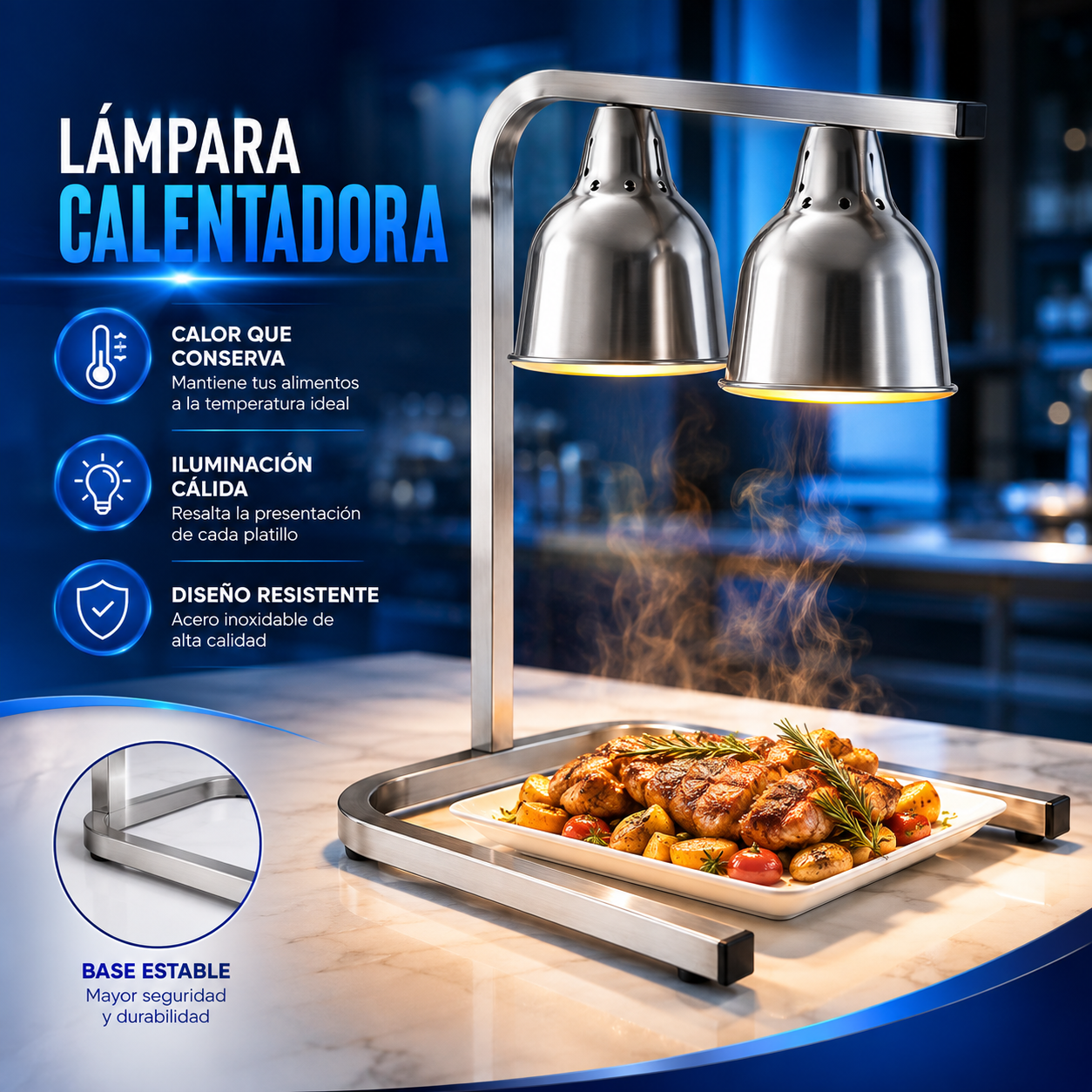 (LLEGANDO 30 DE SEPT) Lámpara Calentadora Calefacción de Alimentos 500W de Acero Inoxidable – Uso Comercial 2 Cabezal H90182