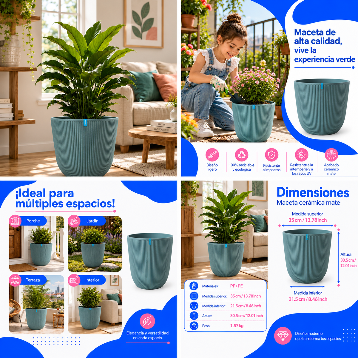 Maceta Decorativa Gris Clara Con Acabado Cerámico Mate Para Interior Y Exterior D35*H30.5Cm Resistente A Rayos UV. UN-C056