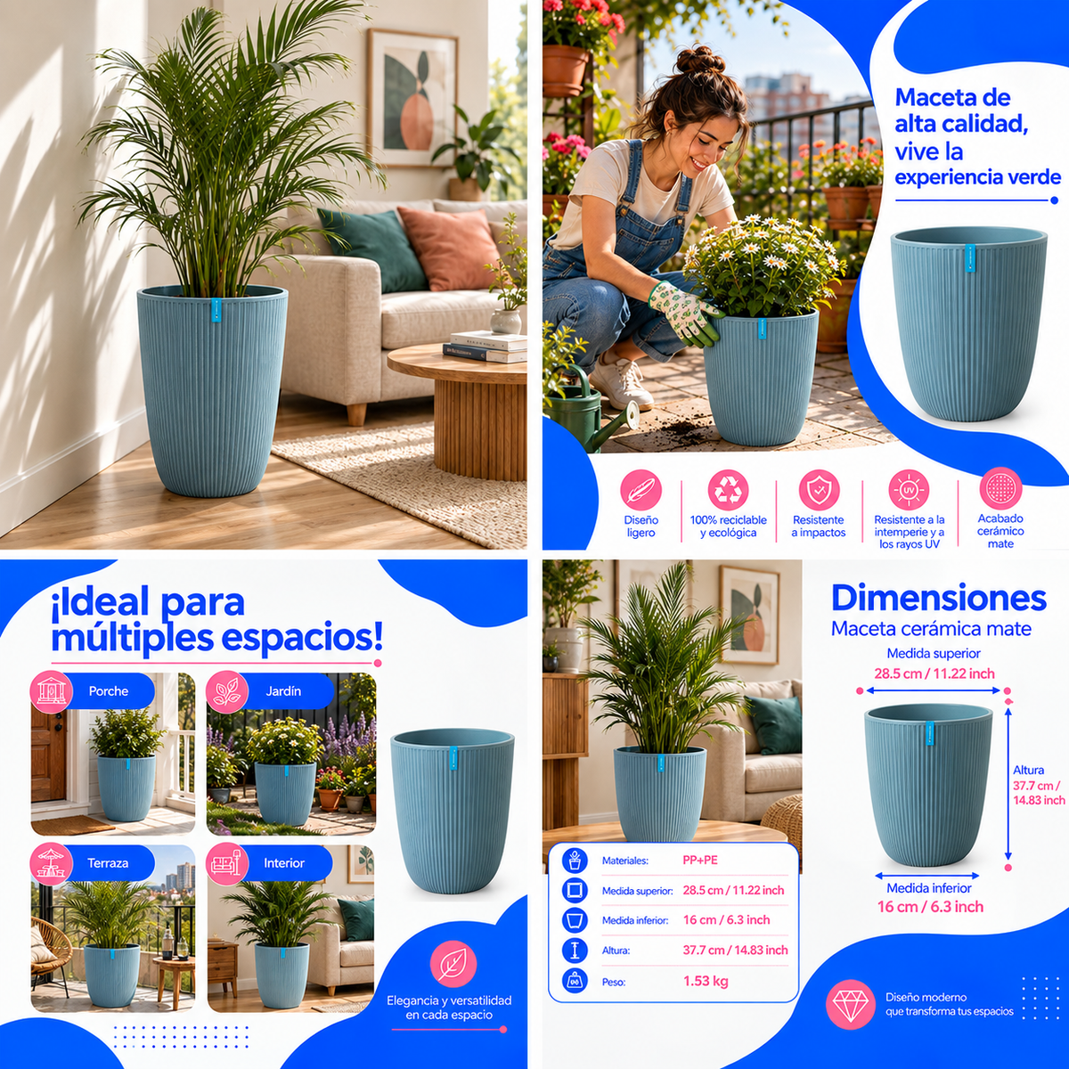 Maceta Alta Decorativa Gris Clara Con Acabado Cerámico Mate Para Interior Y Exterior D28.5*H37.7Cm Resistente A Rayos UV. UN-C061