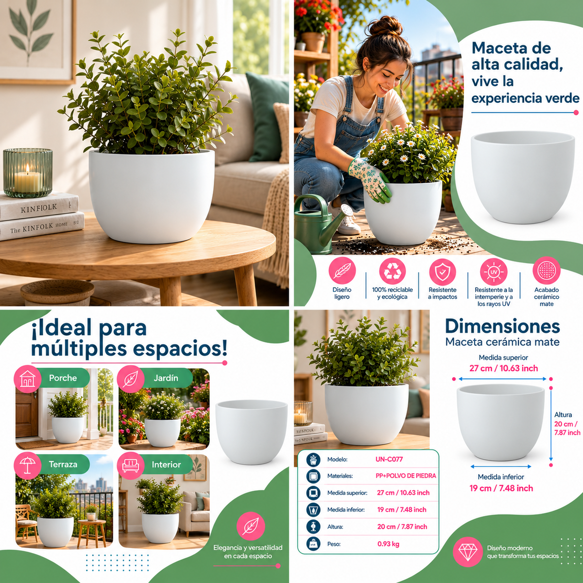 Maceta Decorativa Blanca Con Acabado Cerámico Mate Para Interior Y Exterior D27*H20cm Resistente A Rayos UV. UN-C077