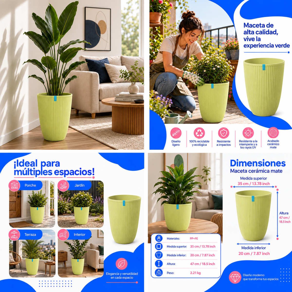 Maceta Alta Decorativa Beige Con Acabado Cerámico Mate Para Interior Y Exterior D35*H47cm Resistente A Rayos UV. UN-C063