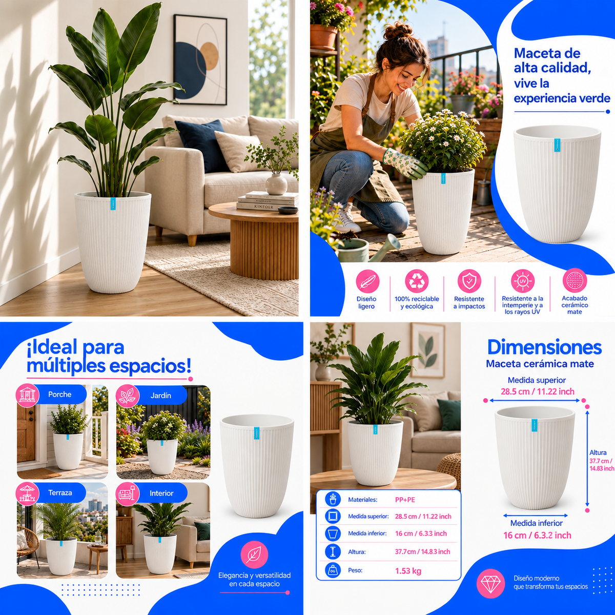 Maceta Alta Decorativa Blanca Con Acabado Cerámico Mate Para Interior Y Exterior D28.5*H37.7Cm Resistente A Rayos UV. UN-C059