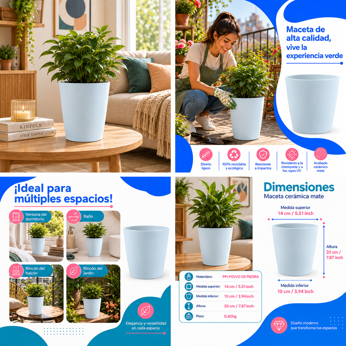 Maceta Alta Decorativa Gris Clara Con Acabado Cerámico Mate Para Interior Y Exterior D14*H20cm Resistente A Rayos UV. UN-C072