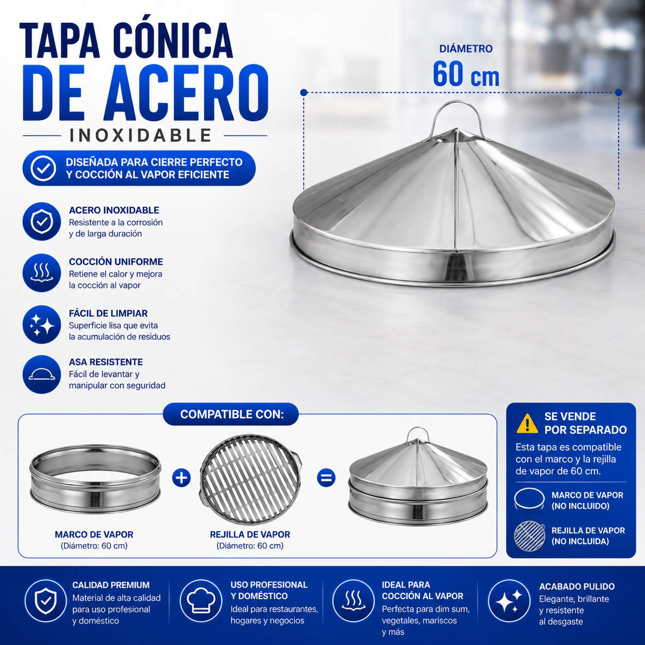 (LLEGANDO 30 DE SEPT) Tapa Cónica para Vaporera Dim Sum de Acero Inoxidable 60cm | Dim Sam | 9006-L