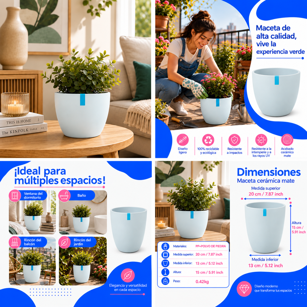 Maceta Decorativa Blanca Con Acabado Cerámico Mate Para Interior Y Exterior D20*H15cm Resistente A Rayos UV. UN-C076