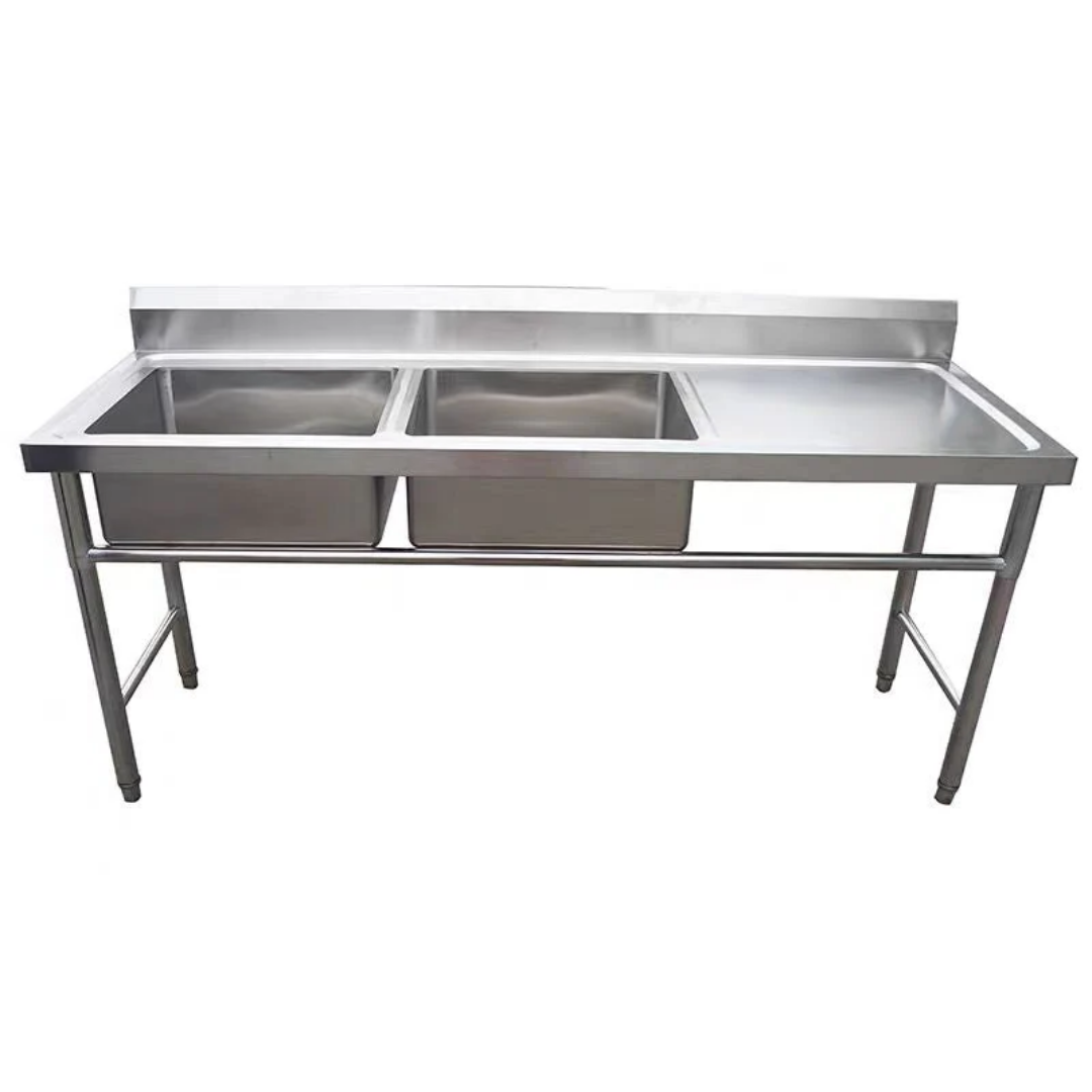 Fregador Industrial de 2 Tinas Izquierda con Mesa Derecha 150x60x80cm en Acero Inoxidable 310105