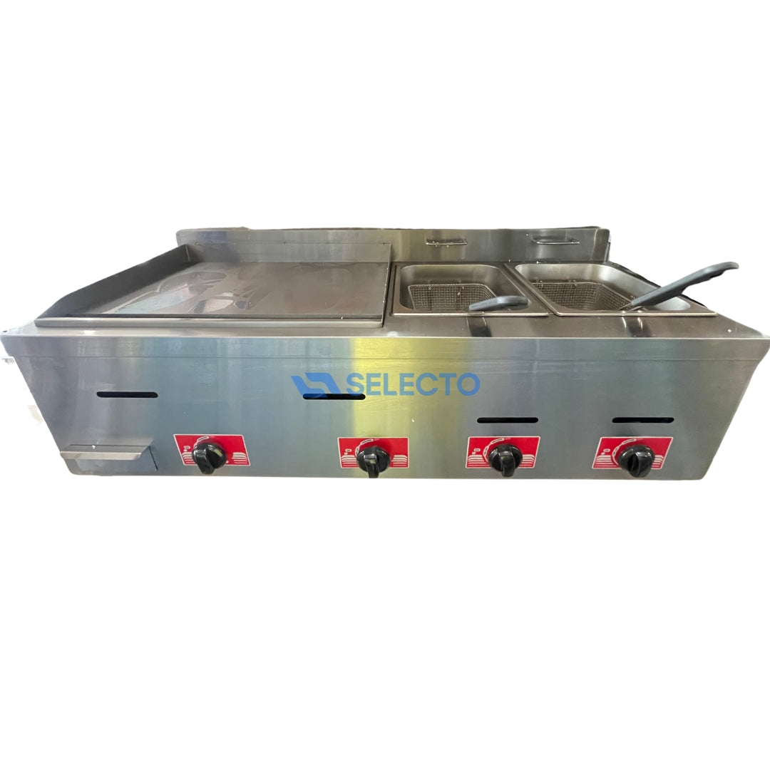 Equipo 2en1 a Gas de Acero Inoxidable con Plancha y Doble Freidora HGG-780