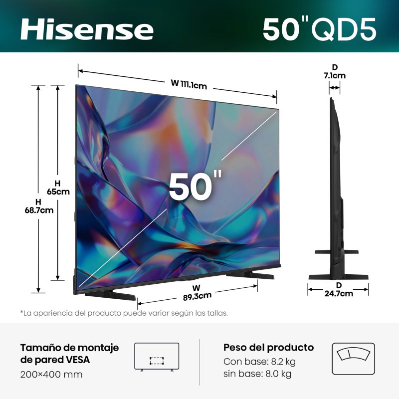 Televisor 50" LED Smart TV QLED 4K Ultra HD Hisense 50QD5SV Televisión. HISENSE