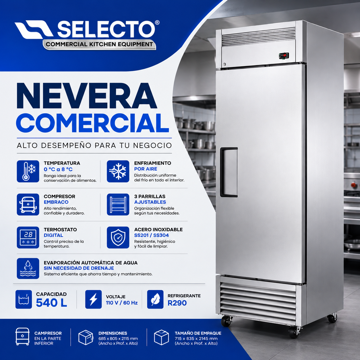Refrigeradora Nevera Industrial Comercial en Acero Inoxidable de 1 Puerta 540L 110V/60Hz VERTR-01